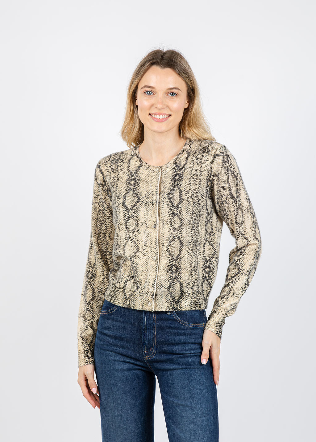 Frame The Cashmere Snake Cardigan in Camel Multi available at Barbara Katz