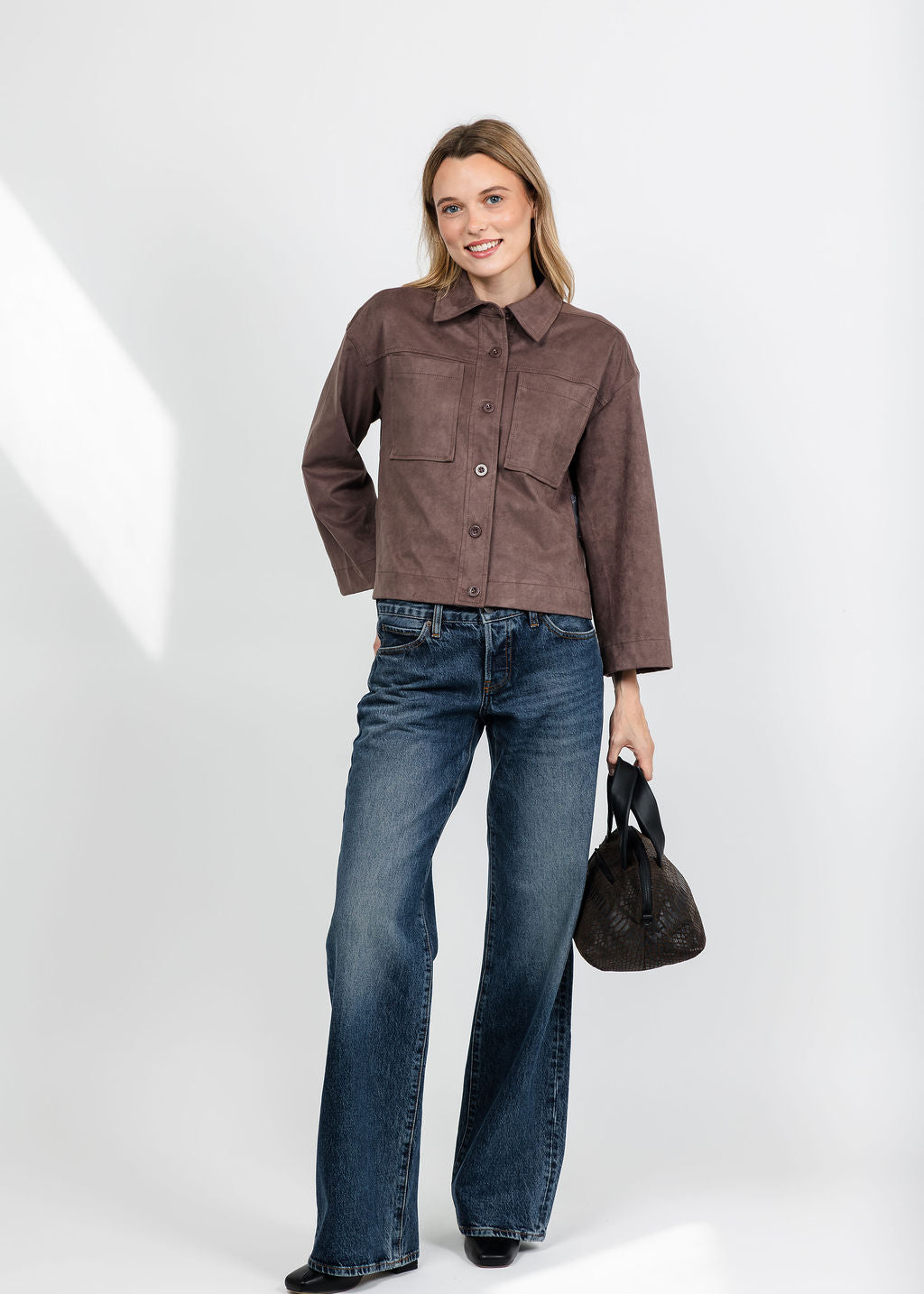 Marrakech Maple Faux Suede Camp Jacket - Iron paired with Frame The Gray Jeans - Tolerate available at Barbara Katz