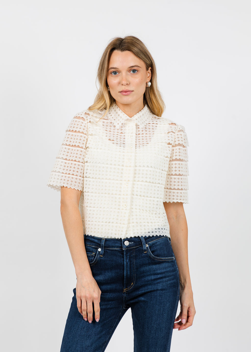 Frame The Lattice Crochet Blouse in Cream available at Barbara Katz