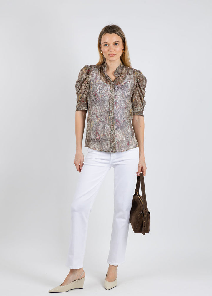Frame The Paisley Gillian Top in Ecru Multi paired with Frame Le Sleek Straight Jeans in White available at Barbara Katz