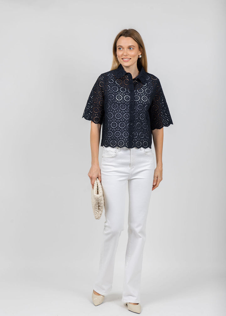 The Petal Eyelet Shirt - Navy