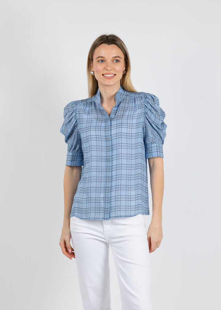 Frame The Plaid Gillian Top in Sky Blue Multi available at Barbara Katz