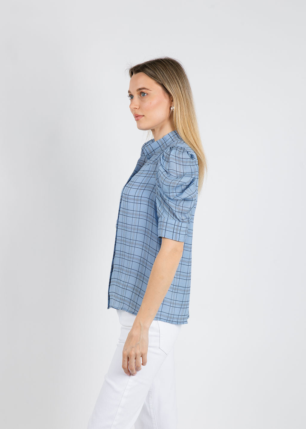 Frame The Plaid Gillian Top in Sky Blue Multi available at Barbara Katz