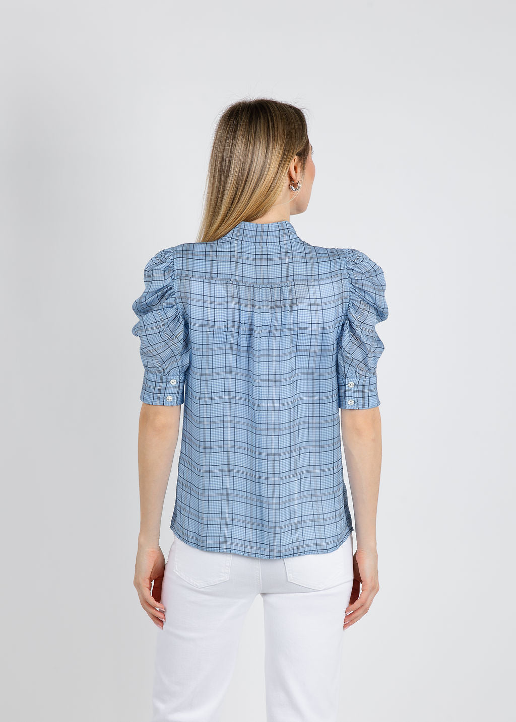 Frame The Plaid Gillian Top in Sky Blue Multi available at Barbara Katz