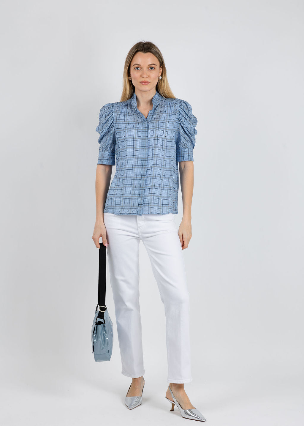 Frame The Plaid Gillian Top in Sky Blue Multi paired wtih Frame Le Sleek Straight Jeans in White available at Barbara Katz