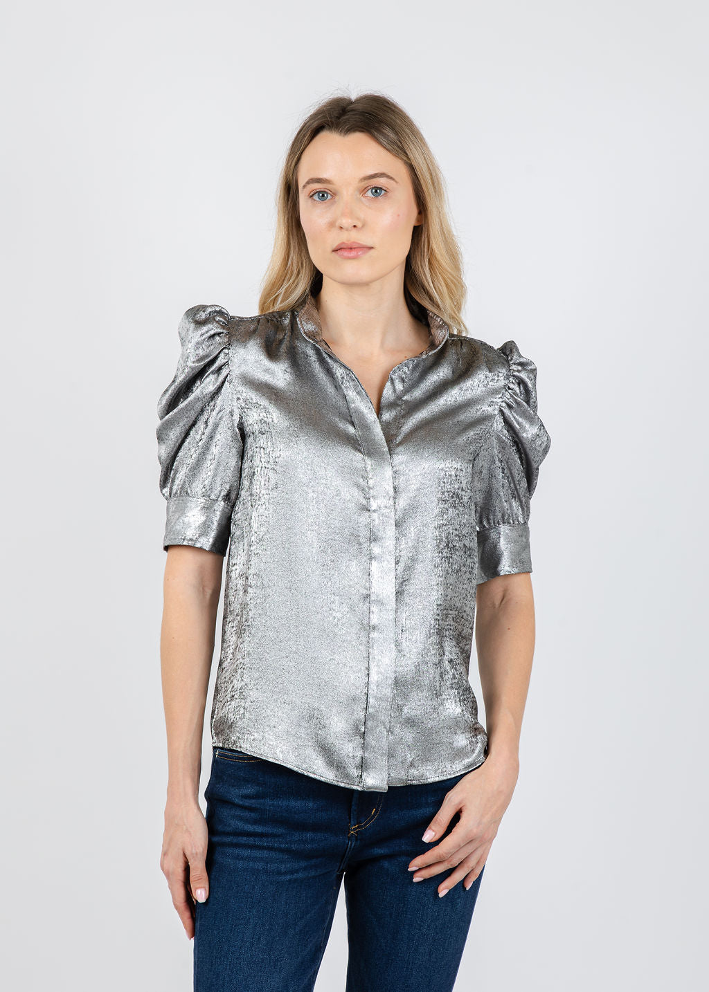 Frame The Shiny Gillian Top in Gunmetal available at Barbara Katz