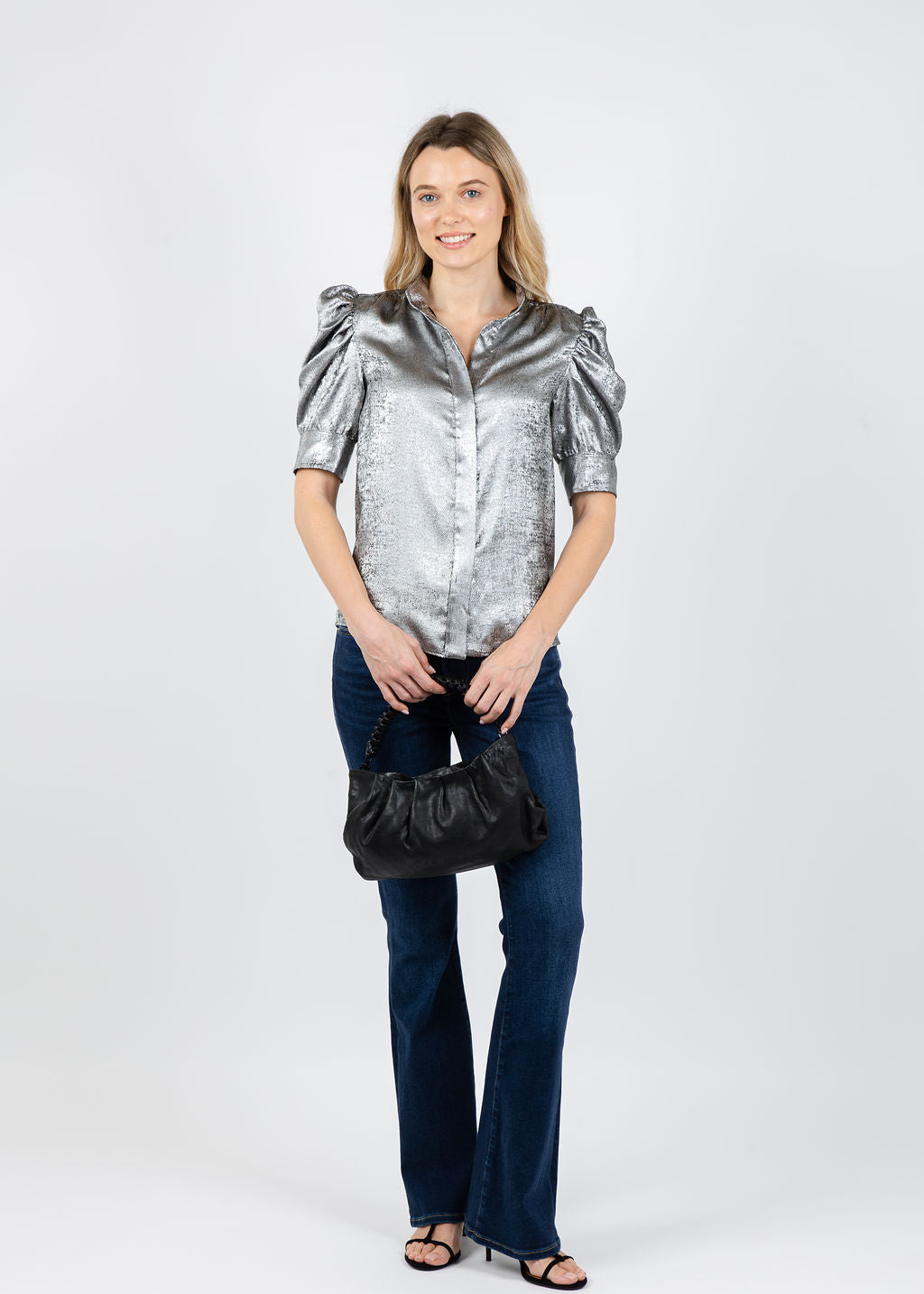Frame The Shiny Gillian Top in Gunmetal available at Barbara Katz
