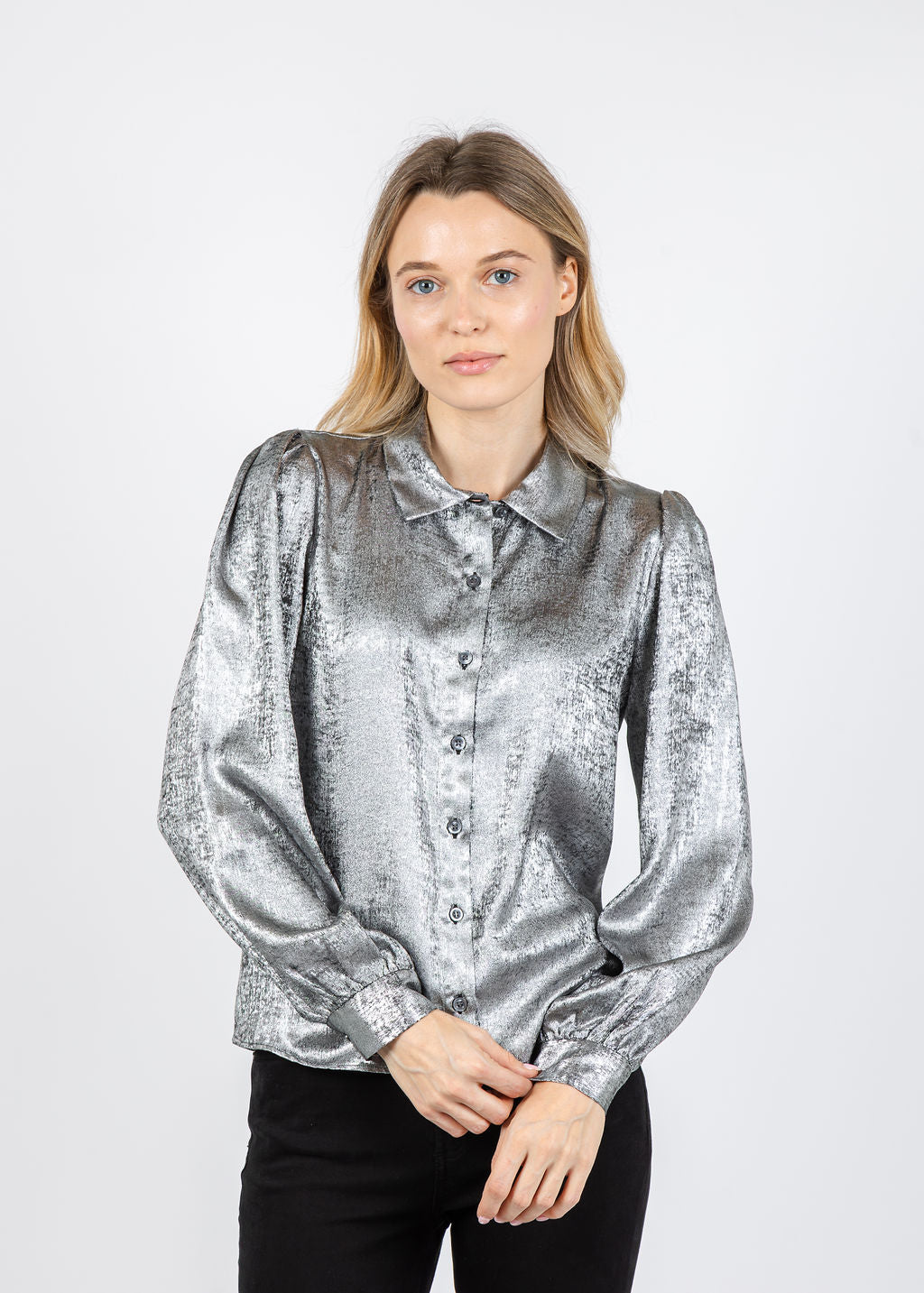 Frame The Shiny Staple Blouse in Gunmetal available at Barbara Katz