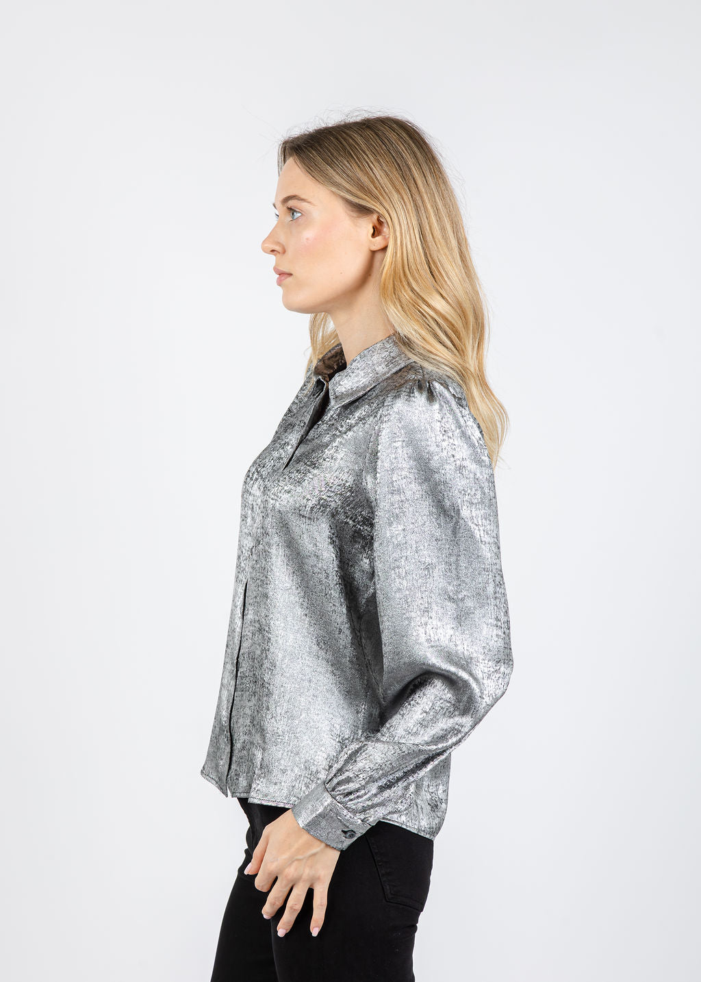 Frame The Shiny Staple Blouse in Gunmetal available at Barbara Katz