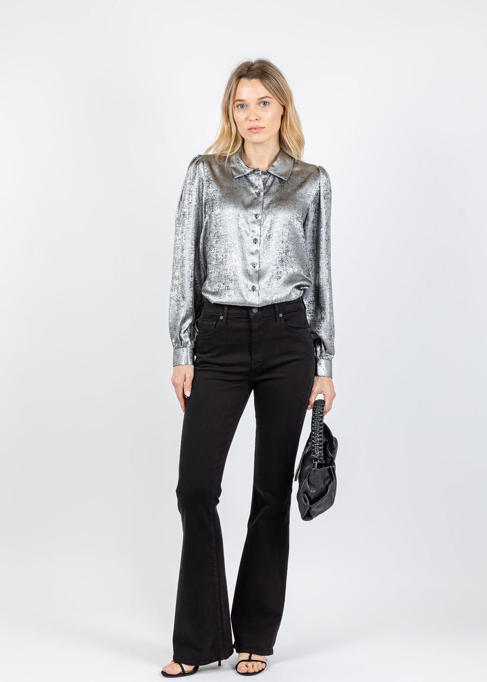 Frame The Shiny Staple Blouse in Gunmetal available at Barbara Katz