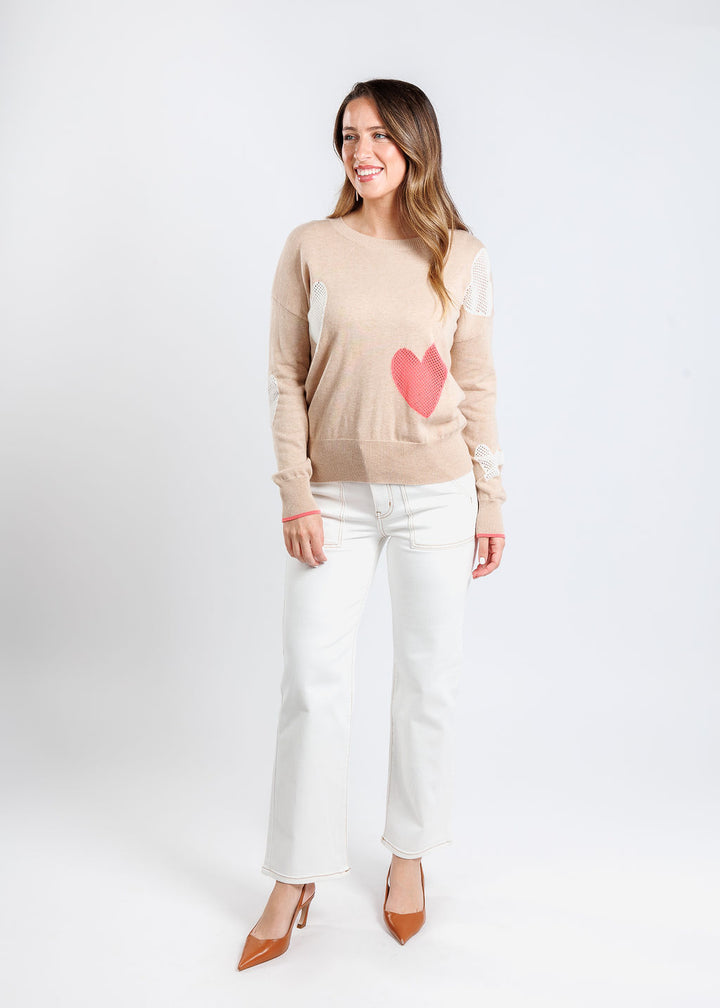 Whisper by Brodie Eve Quirky Heart Victory Crew Sweater in Crema paired with Frame The Trapunto Straight Denim Trouser in Au Natural Clean available at Barbara Katz