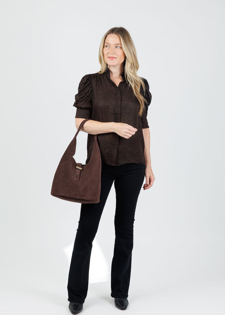 Frame Gillian Top in Leopard with Simkha Khai Suede Hobo Bag in Cacao available at Barbara Katz