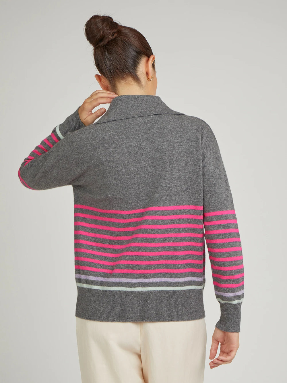 Cocoa Cashmere -The Frankie Collared Sweater is knitted in melange yarn with vibrant pink stripes and contrasting pastel stripes at the hem.