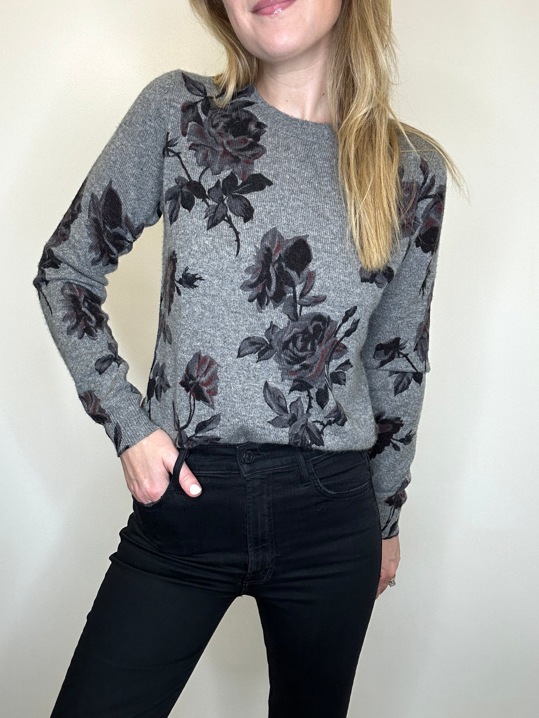 Autumn Cashmere Tonal Floral Print Crew - Cement