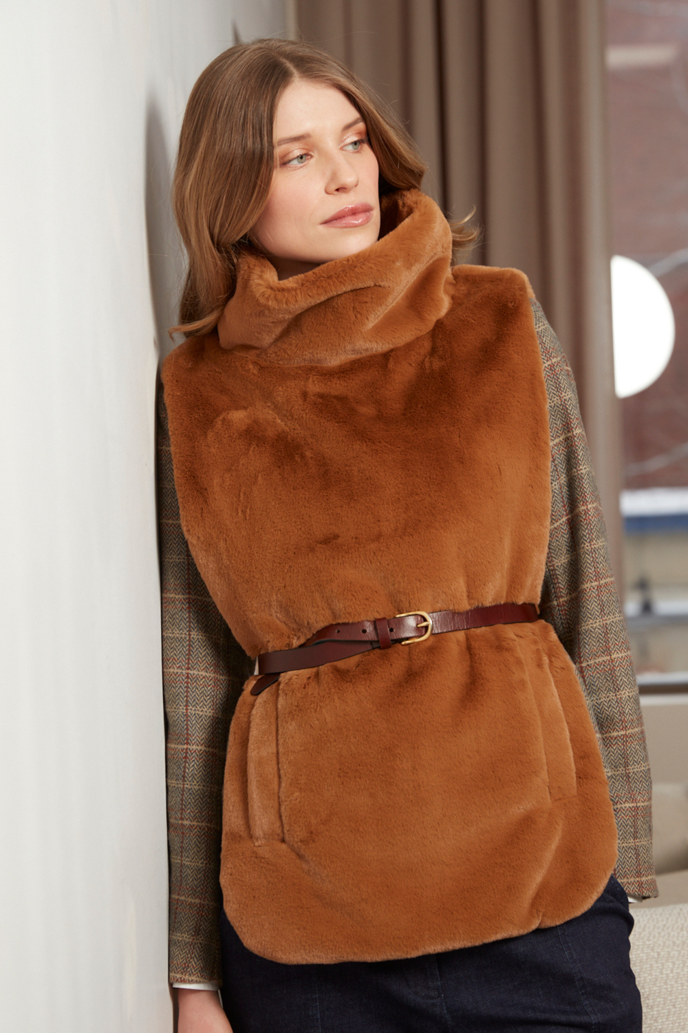 Adroit Atelier Furry Slip-on Faux Fur Dickey in Camel available at Barbara Katz