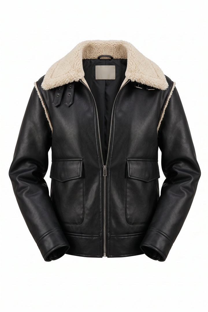 Adroit Atelier Parker Bonded Vegan Leather Aviator Jacket With Collar in Camel/Black available at Barbara Katz