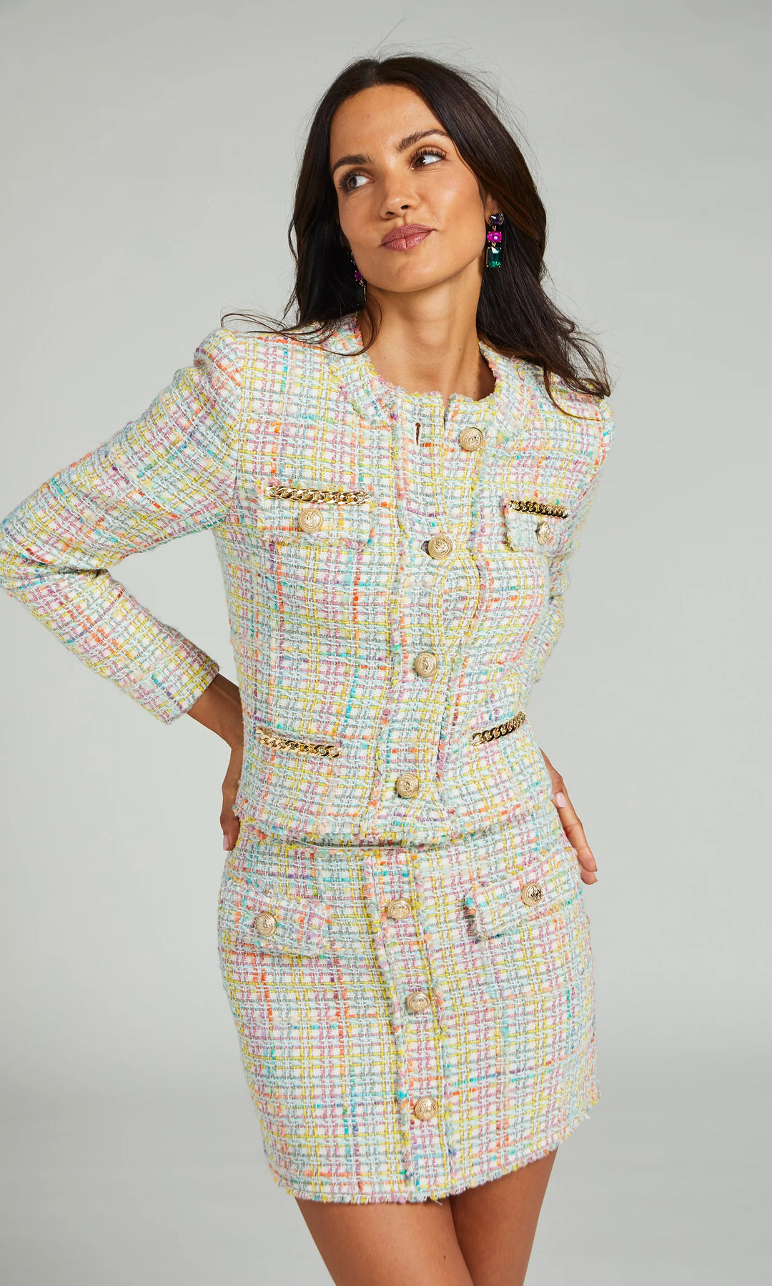 Chanel pre-owned cream sparkly tweed blazer and skirt set - size