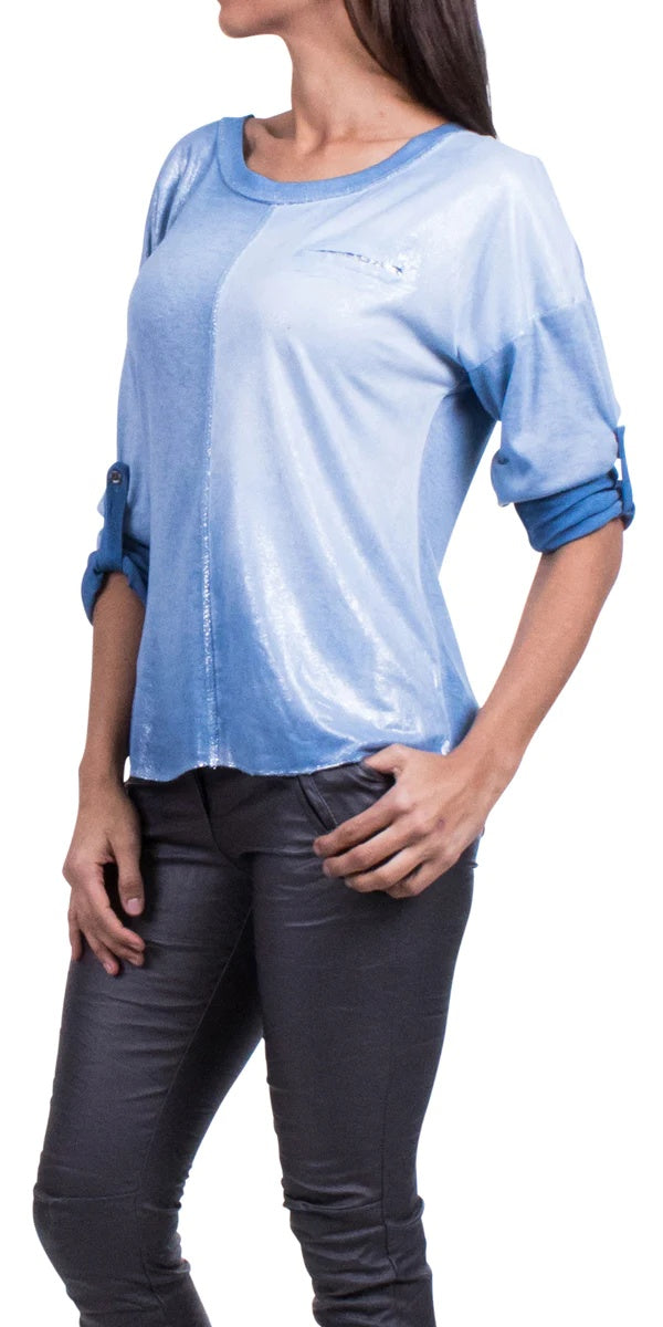 Roll Sleeve Top with V-Neck & Sequins - Blue