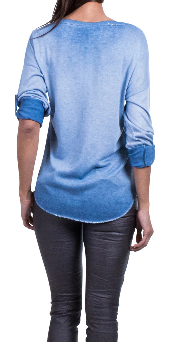 Roll Sleeve Top with V-Neck & Sequins - Blue