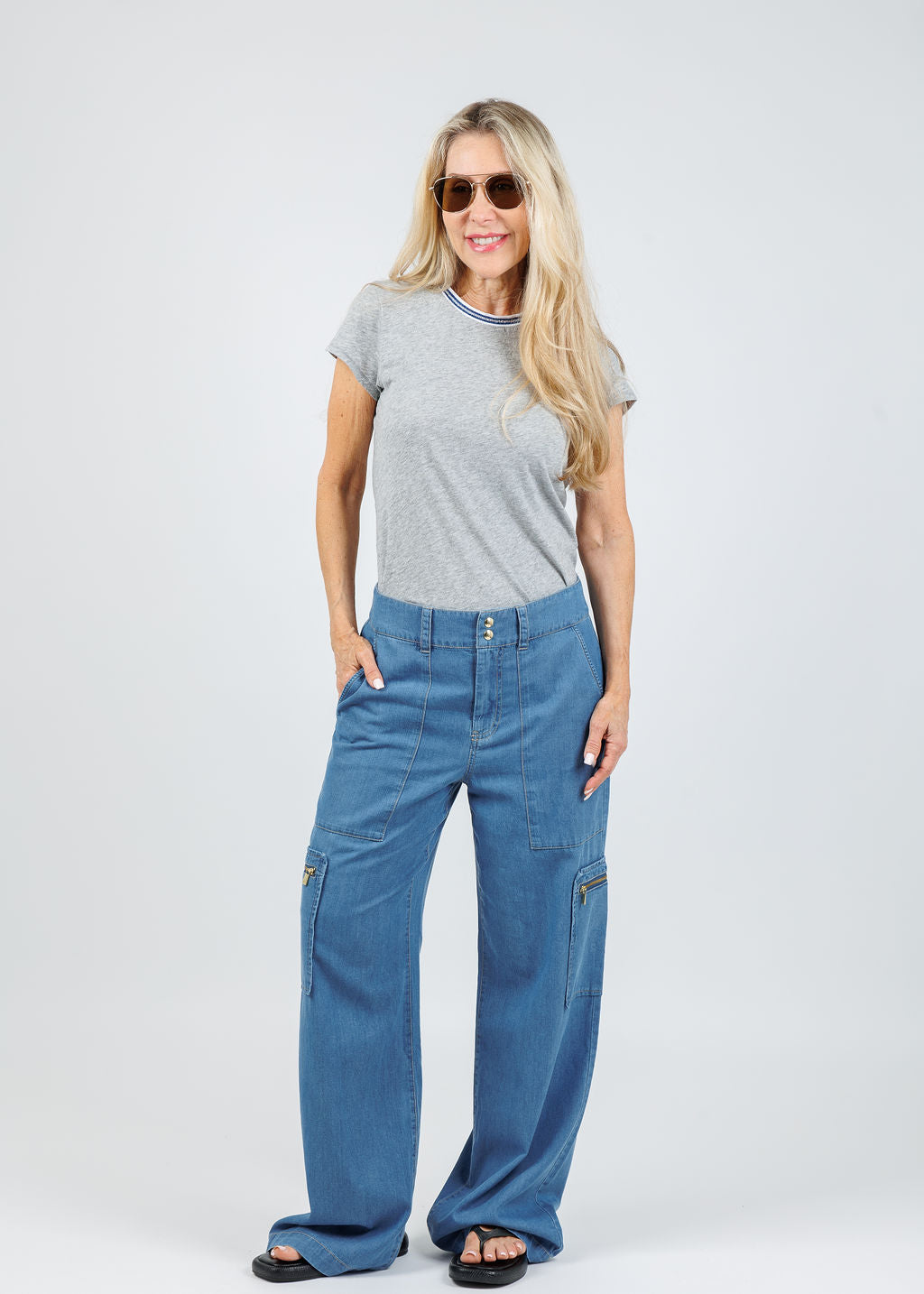 Goldie Classic Metallic Tipped Ringer Tee in Gray Heather paired with Hinson Wu Danni Denim Cargo Pants in Medium Wash available at Barbara Katz
