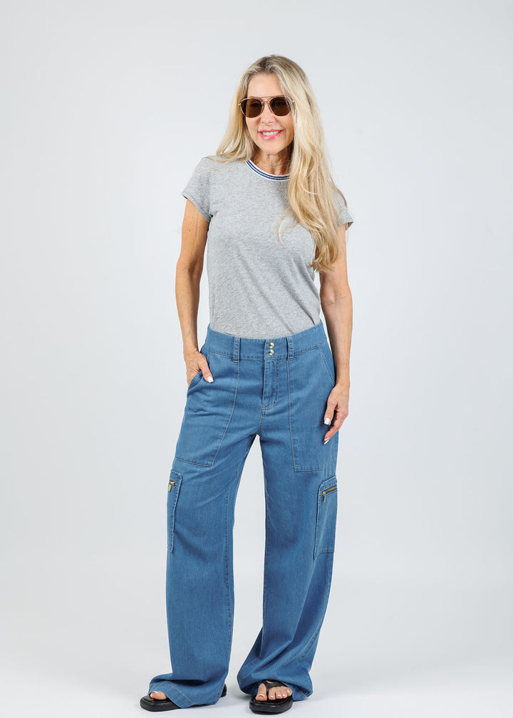 Goldie Classic Metallic Tipped Ringer Tee in Gray Heather paired with Hinson Wu Danni Denim Cargo Pants in Medium Wash available at Barbara Katz