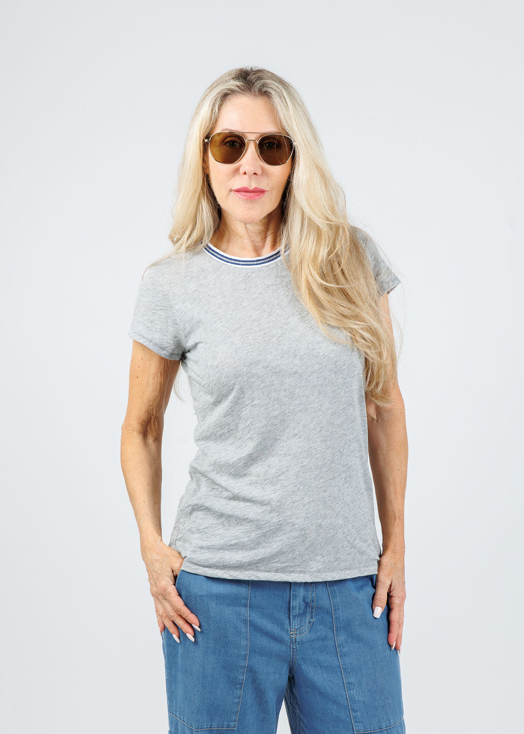Goldie Classic Metallic Tipped Ringer Tee in Gray Heather available at Barbara Katz