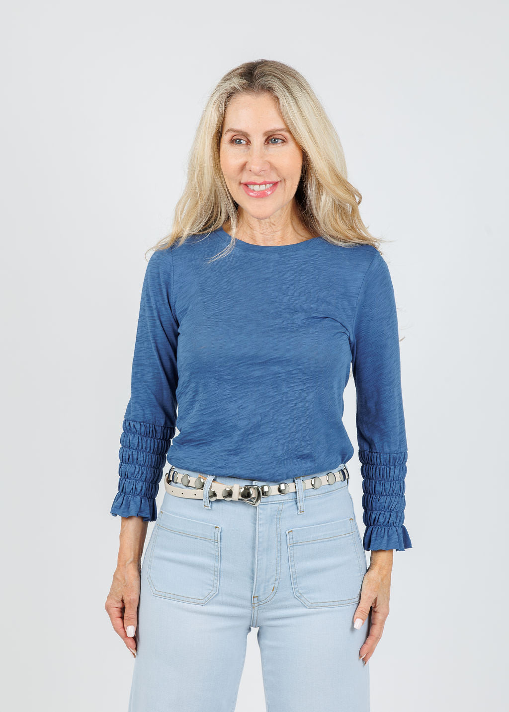 Goldie Madeline Smocked 3/4 Sleeve Top in Denim available at Barbara Katz