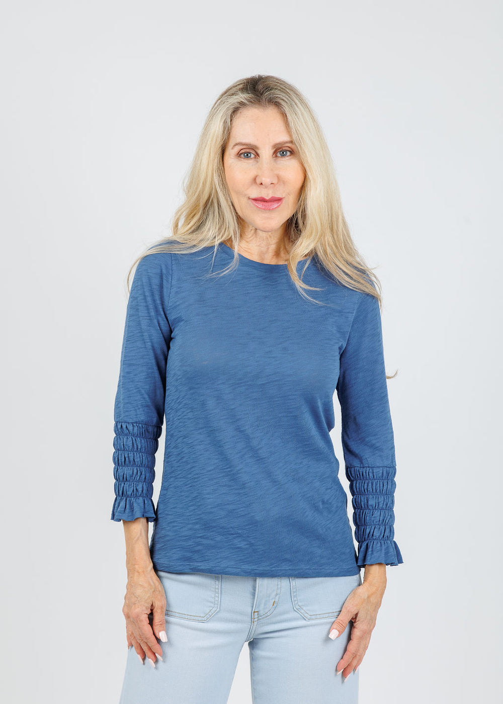 Goldie Madeline Smocked 3/4 Sleeve Top in Denim available at Barbara Katz