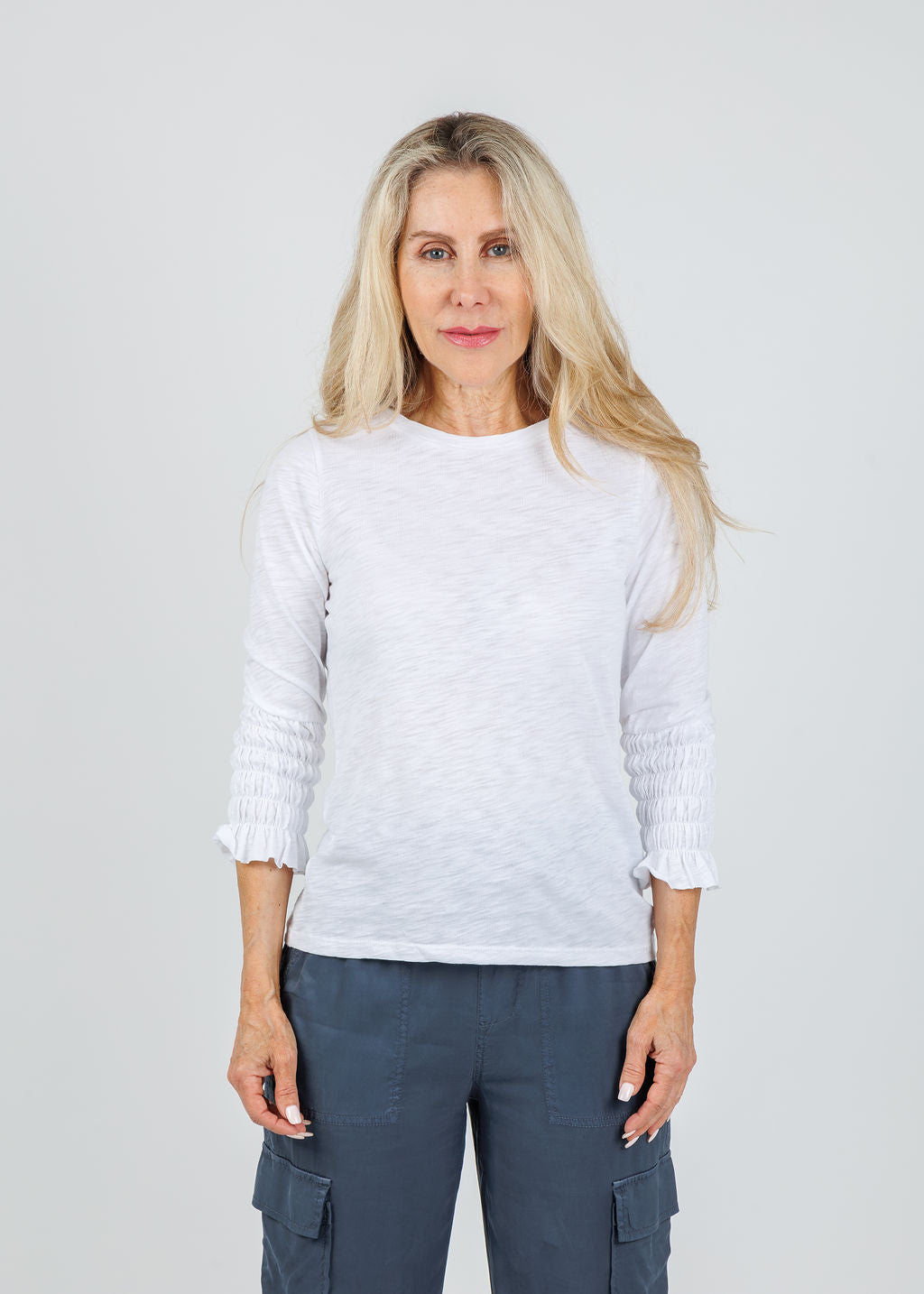 Goldie Madeline Smocked 3/4 Sleeve Top in White available at Barbara Katz