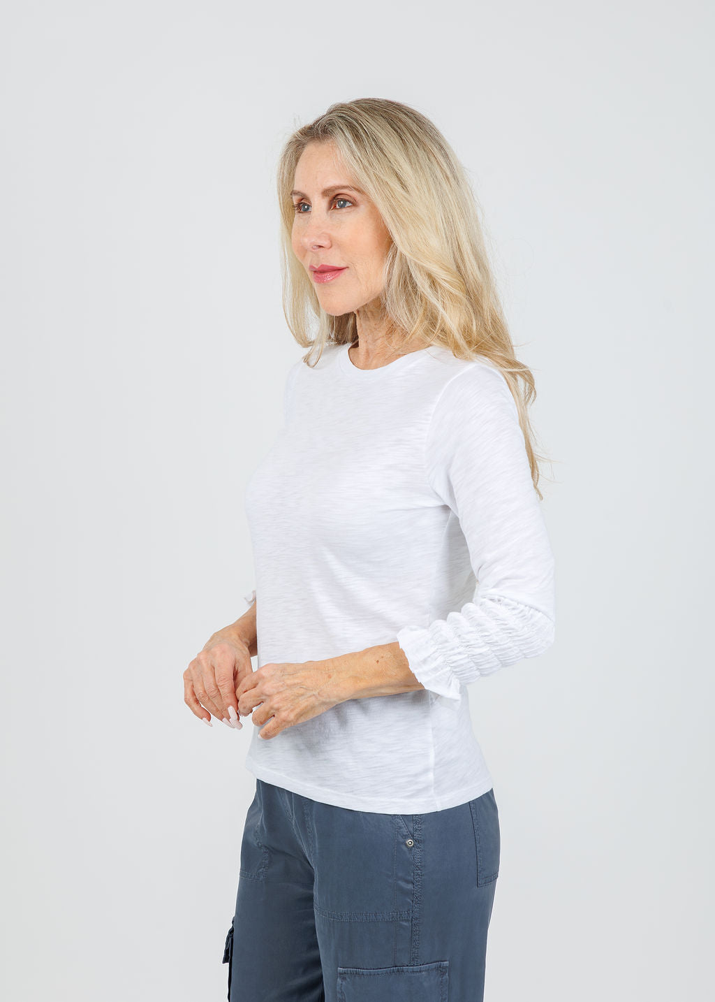 Goldie Madeline Smocked 3/4 Sleeve Top in White available at Barbara Katz