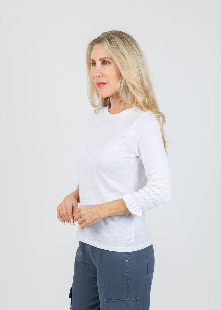 Goldie Madeline Smocked 3/4 Sleeve Top in White available at Barbara Katz