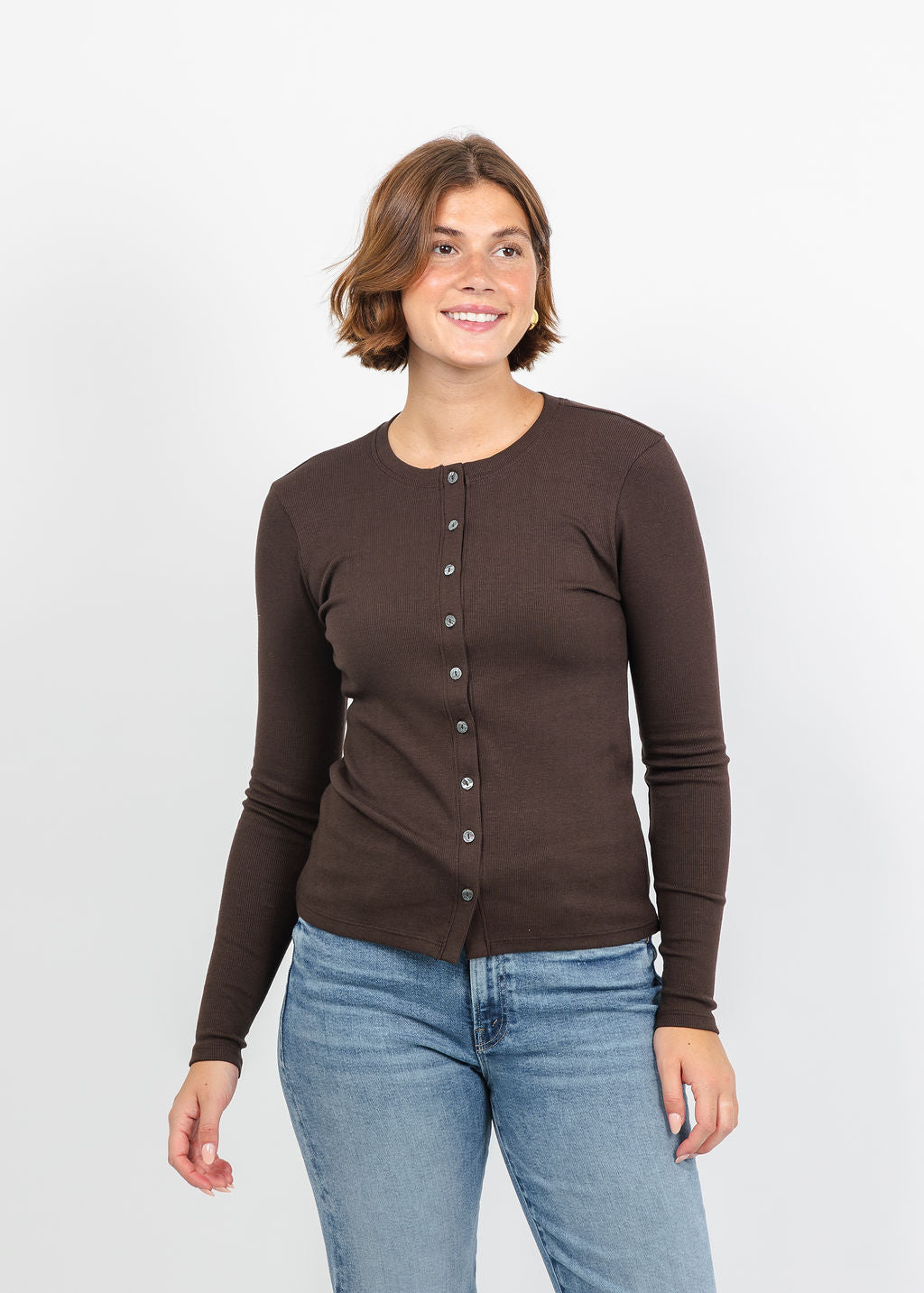 Goldie Audrey Crew Cardigan in Coffee available at Barbara Katz