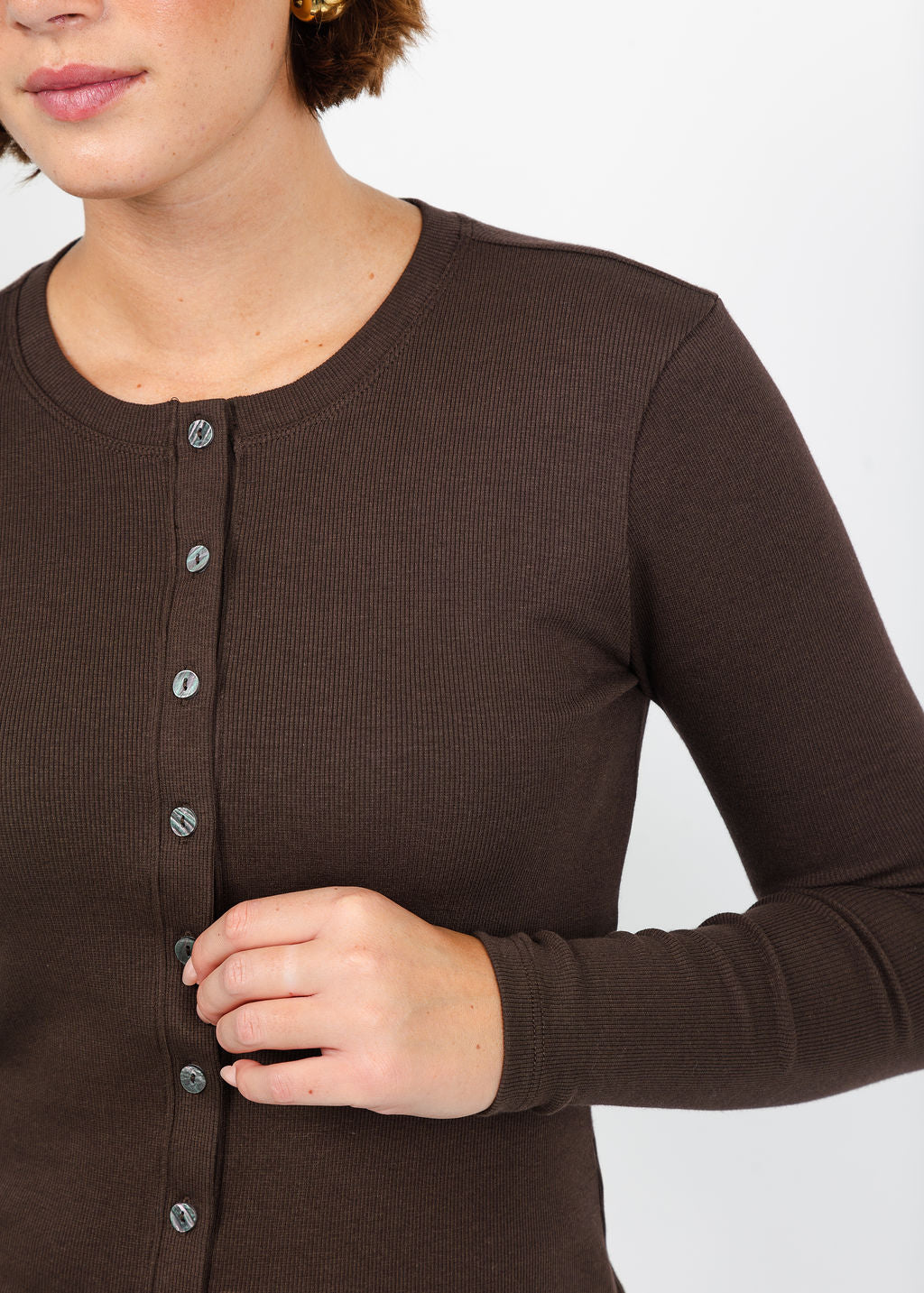 Goldie Audrey Crew Cardigan in Coffee available at Barbara Katz