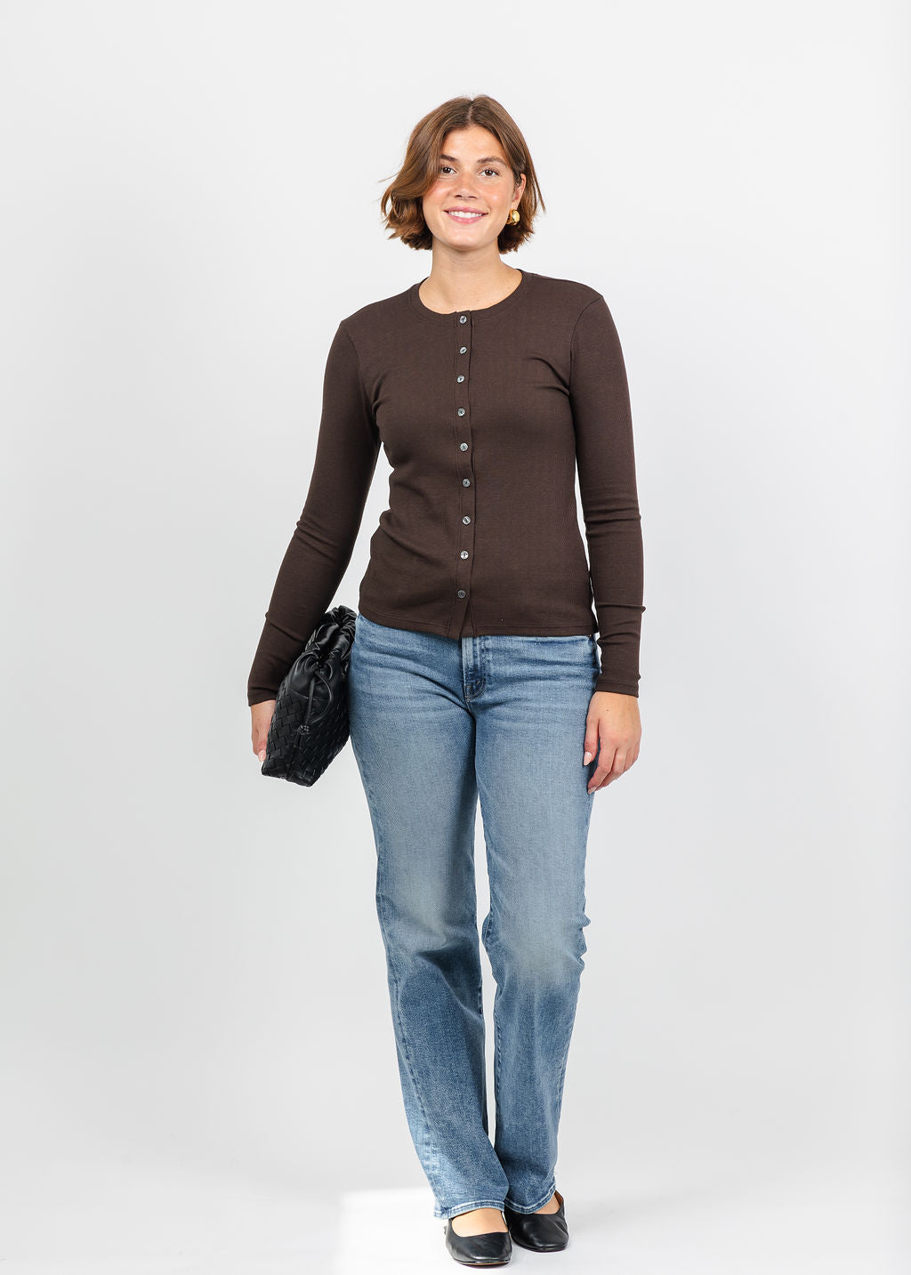Goldie Audrey Crew Cardigan in Coffee available at Barbara Katz