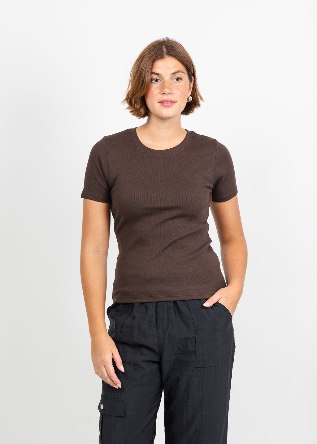 Goldie Camille Rib Short Sleeve Tee in Coffee available at Barbara Katz