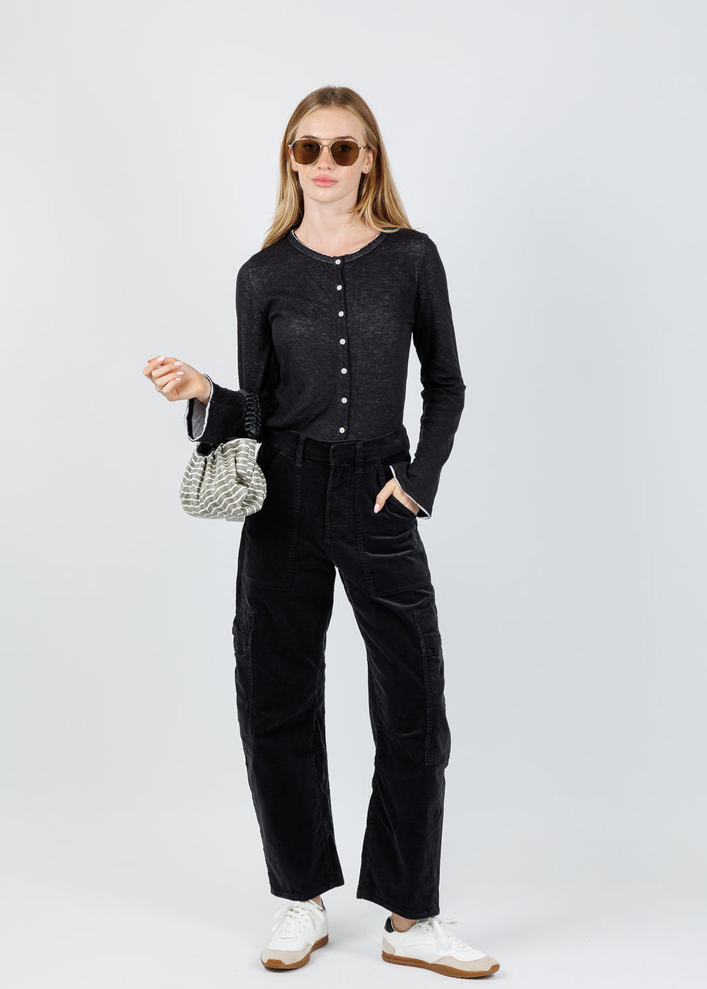 Goldie Chloe Double Layer Jersey Cardigan in Black/White paired with Citizens of Humanity Marcelle Low Slung Easy Cargo Corduroy in Charcoal available at Barbara Katz
