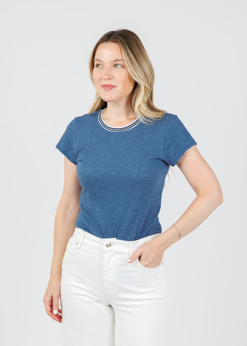 Goldie Classic Metallic Tipped Ringer Tee in Denim Heather available at Barbara Katz