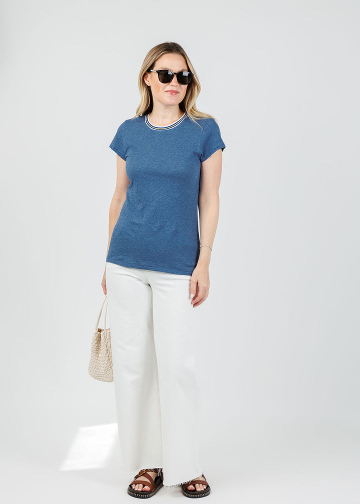Goldie Classic Metallic Tipped Ringer Tee in Denim Heather available at Barbara Katz