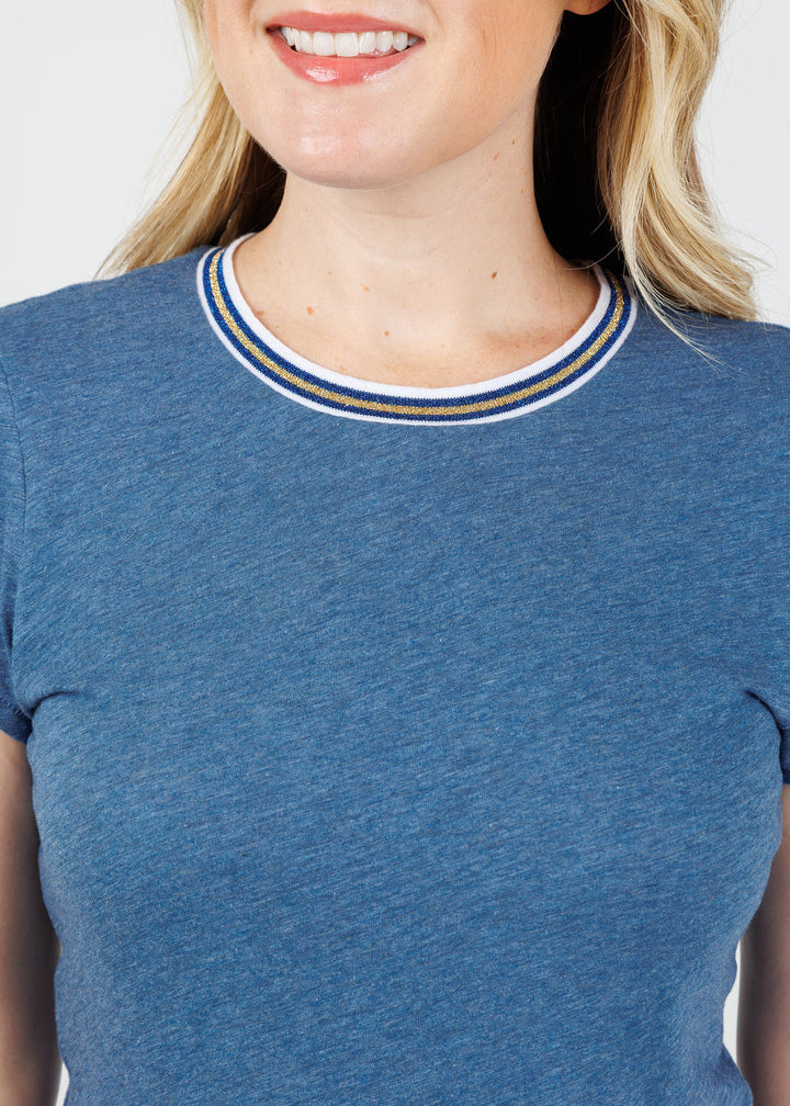 Goldie Classic Metallic Tipped Ringer Tee in Denim Heather available at Barbara Katz