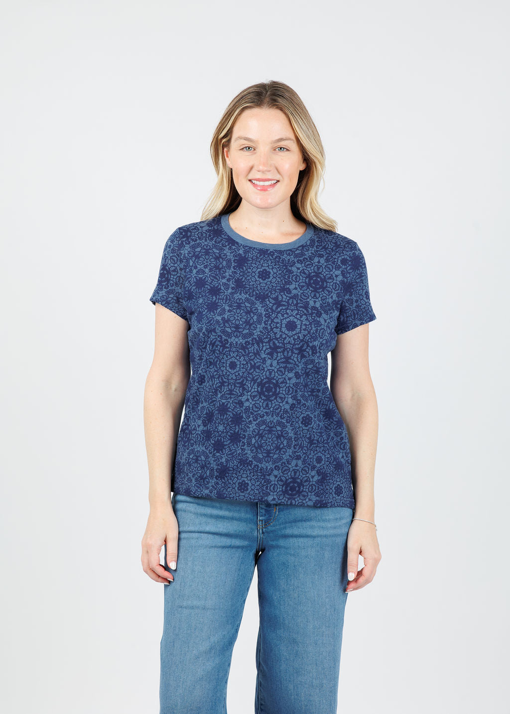Goldie Eternity Lace Print Ringer Boy Tee in Denim Heather available at Barbara Katz