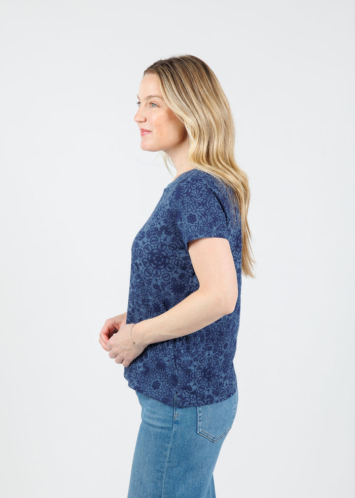 Goldie Eternity Lace Print Ringer Boy Tee in Denim Heather available at Barbara Katz