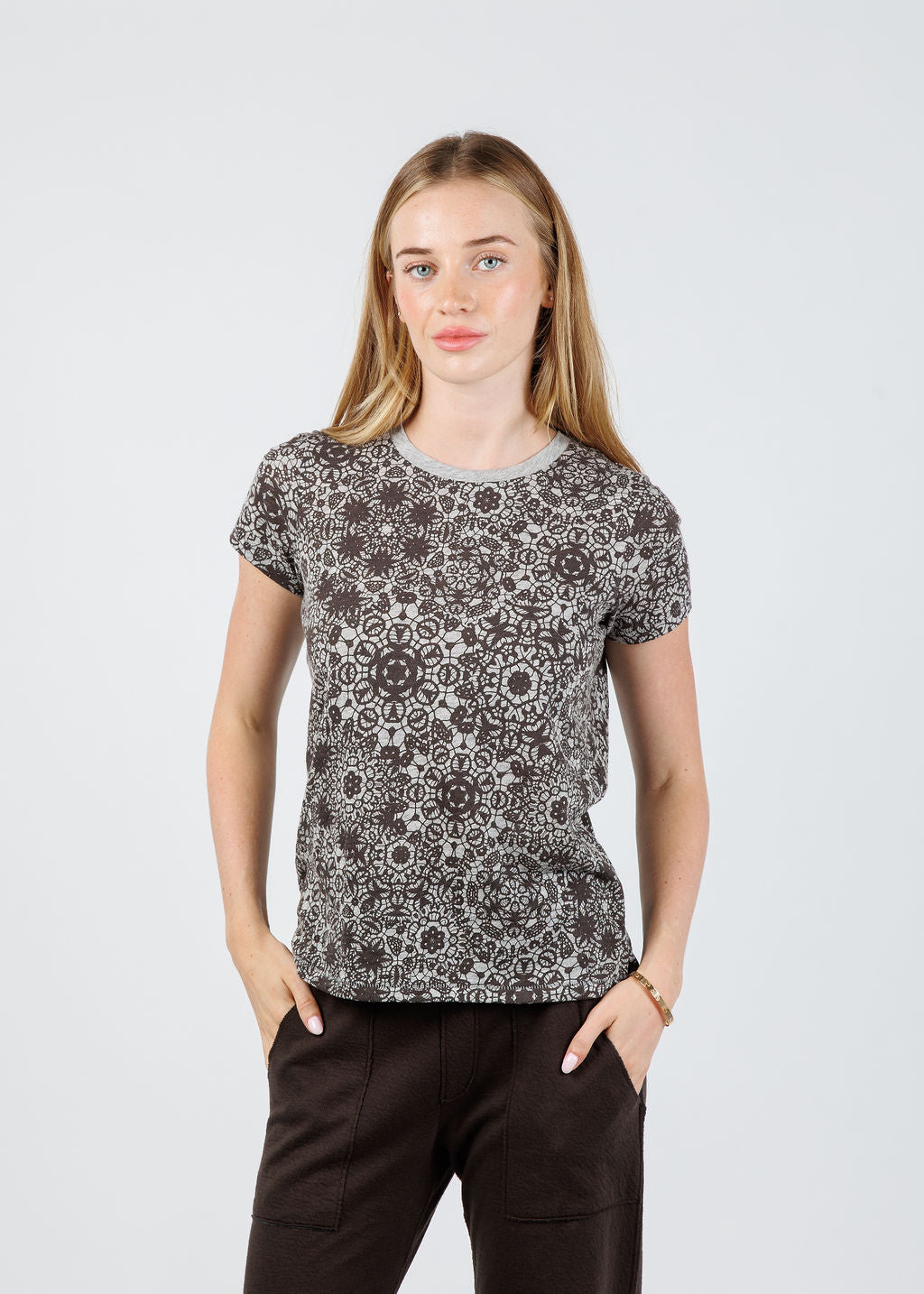 Goldie Eternity Lace Print Ringer Boy Tee in Gray Heather available at Barbara Katz