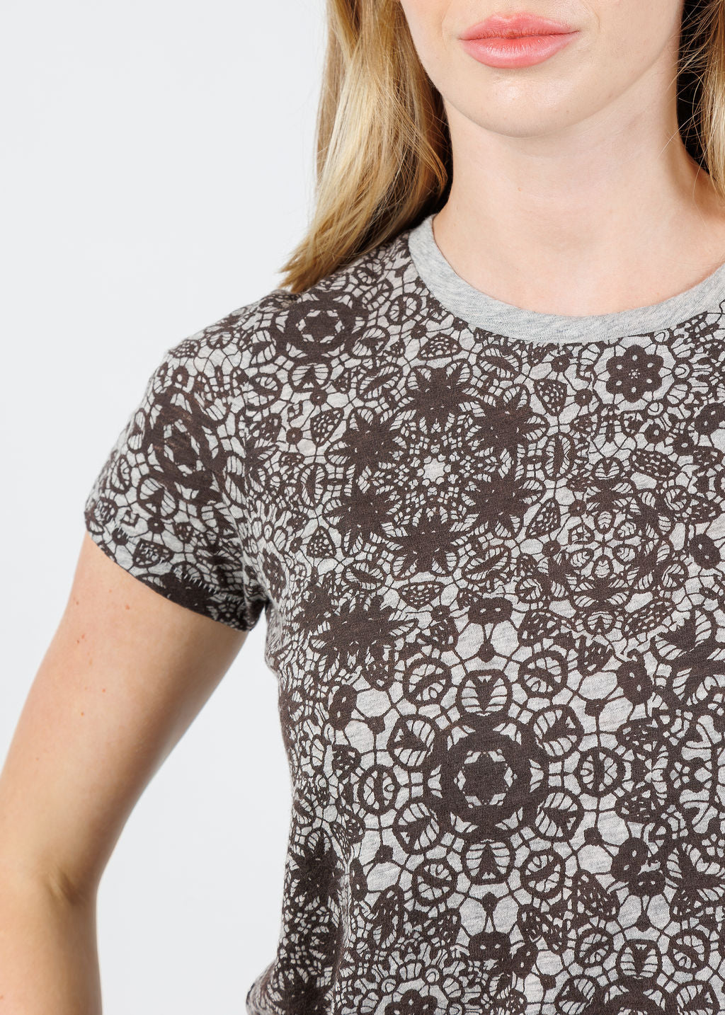 Goldie Eternity Lace Print Ringer Boy Tee in Gray Heather available at Barbara Katz