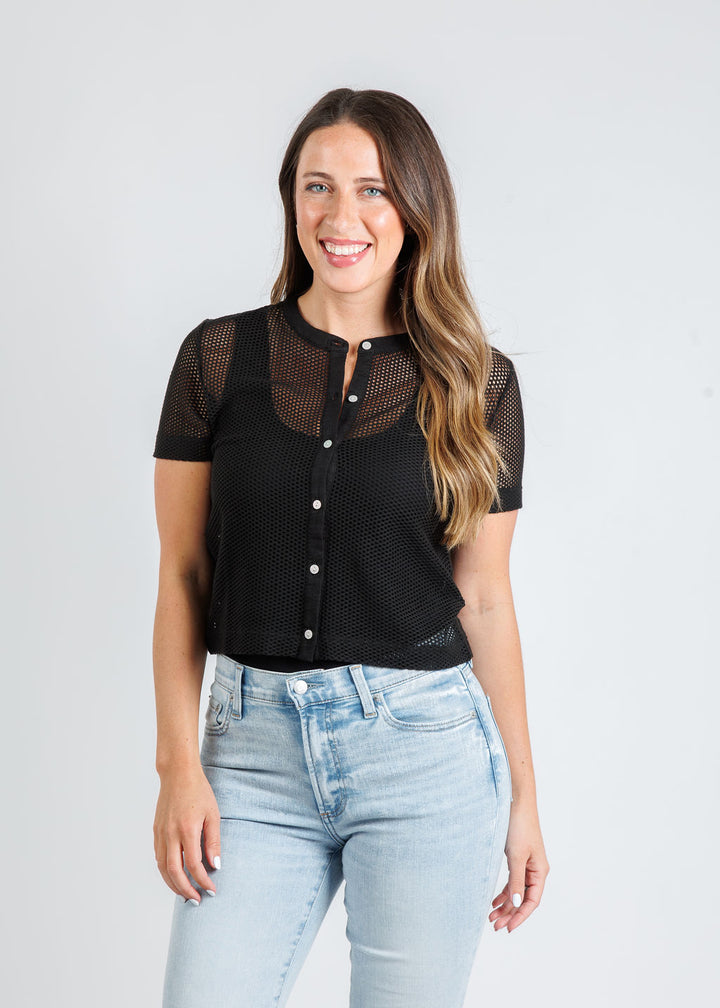 Goldie High Roller Fishnet Crop Button Up Shirt in Black available at Barbara Katz