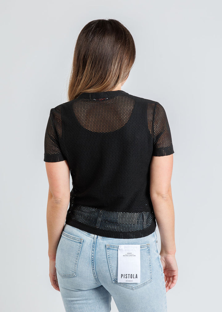 Goldie High Roller Fishnet Crop Button Up Shirt in Black available at Barbara Katz