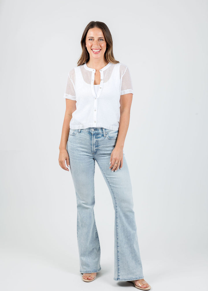 Goldie High Roller Fishnet Crop Button Up Shirt in White paired with Pistola Kinsley Mid Rise Ultra Flare Jeans in Serenity available at Barbara Katz