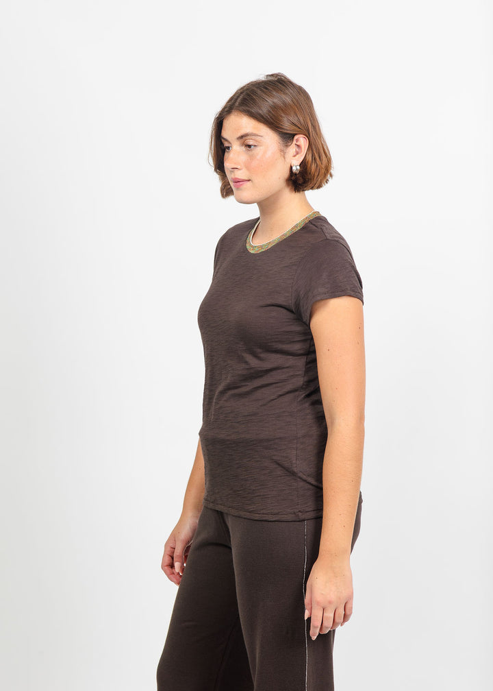 Goldie Iridescent Shimmer Metallic Ringer Tee in Coffee Multi available at Barbara Katz