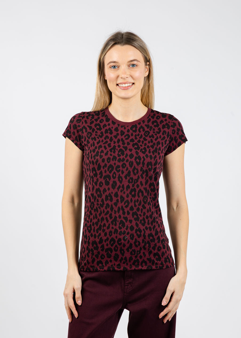 Goldie Leopard Fauve Ringer Tee in Bordeaux available at Barbara Katz