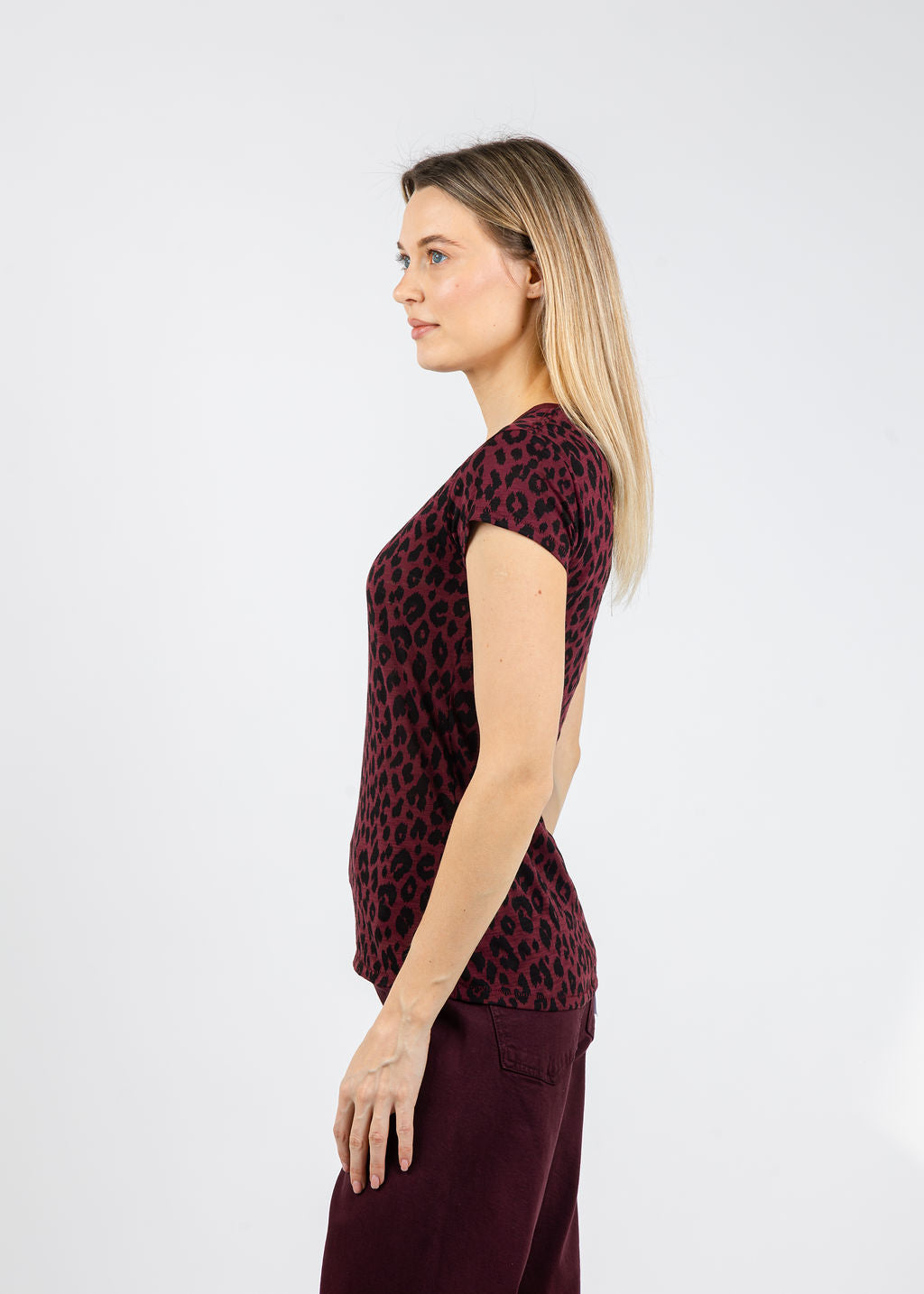 Goldie Leopard Fauve Ringer Tee in Bordeaux available at Barbara Katz