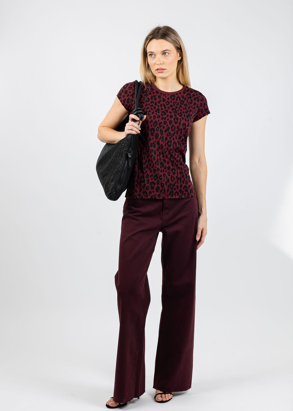 Goldie Leopard Fauve Ringer Tee in Bordeaux available at Barbara Katz